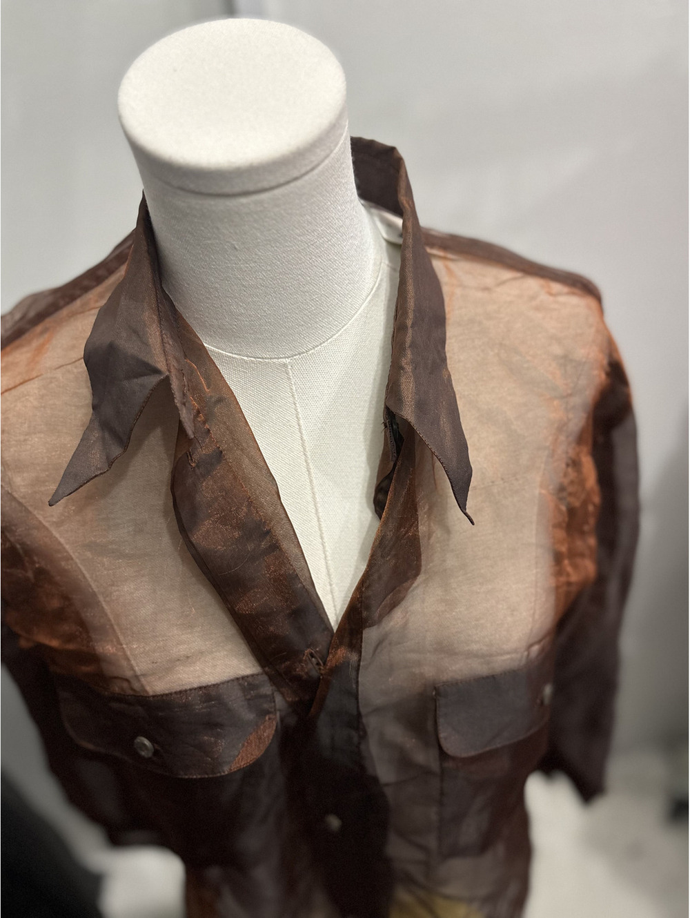 Strenesse Sheer Brown Long Sleeve Button-Up Shirt